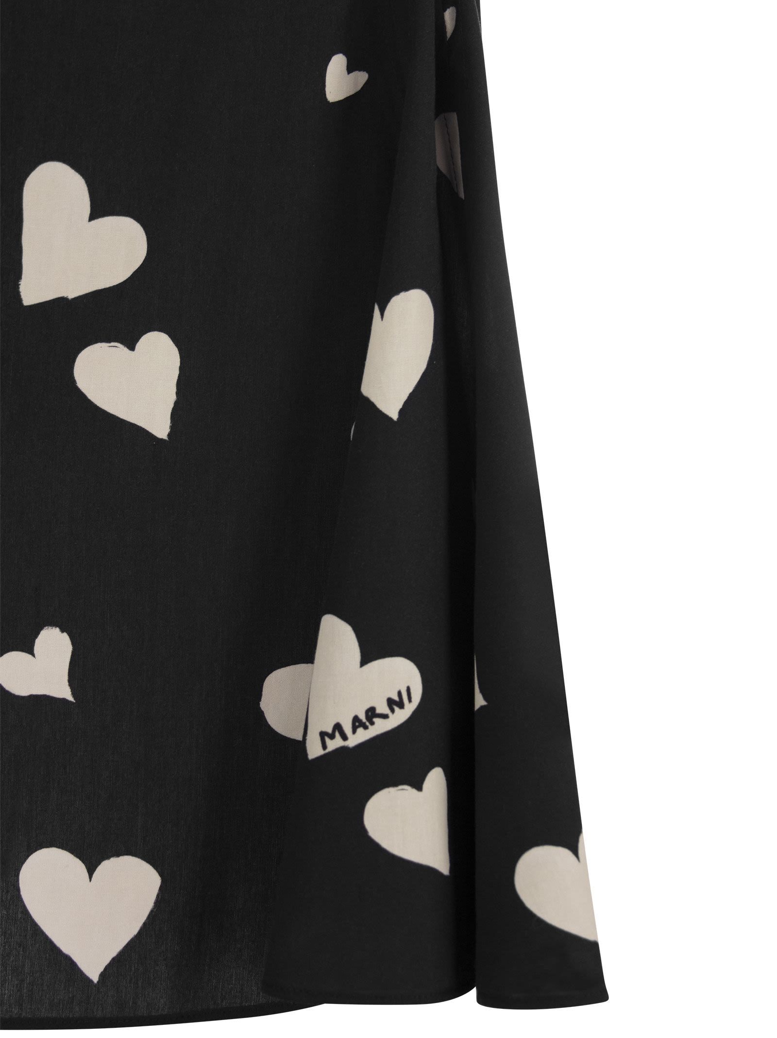 Marni Black Poplin Skirt With Bunch Of Hearts Print In Black