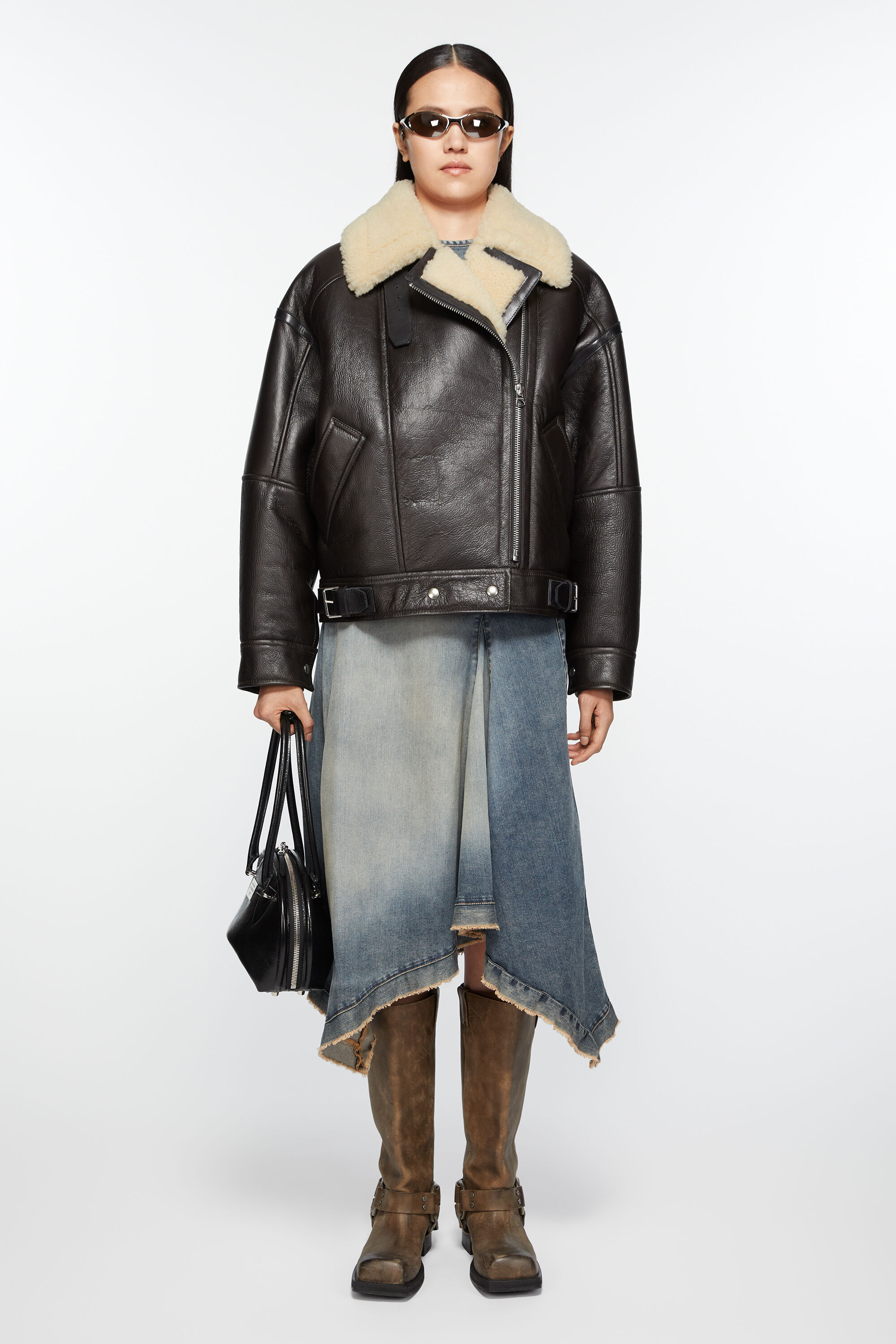 Acne Studios Calf Leather And Shearling Flight Jacket In Black
