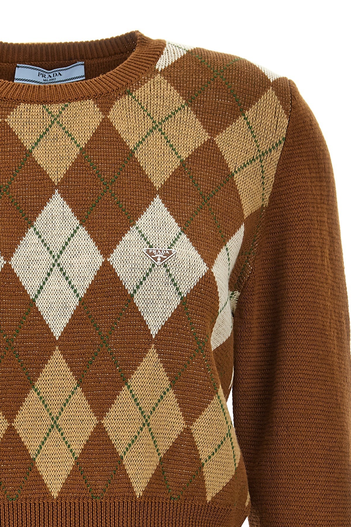 Prada Tobacco-coloured Sweater With Argyle Pattern Women In Brown