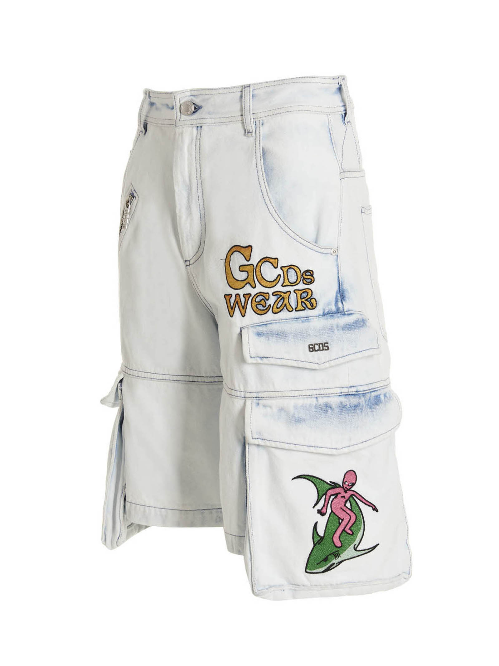 Gcds Light Blue Embroidered Ultracargo Shorts In White