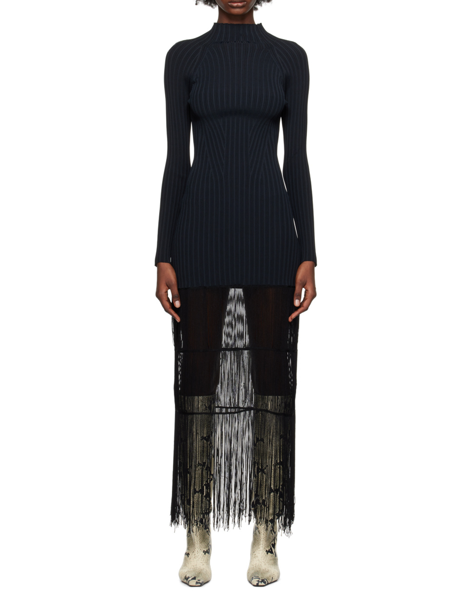 Khaite Cedar High Neck Fringed Dress In Black