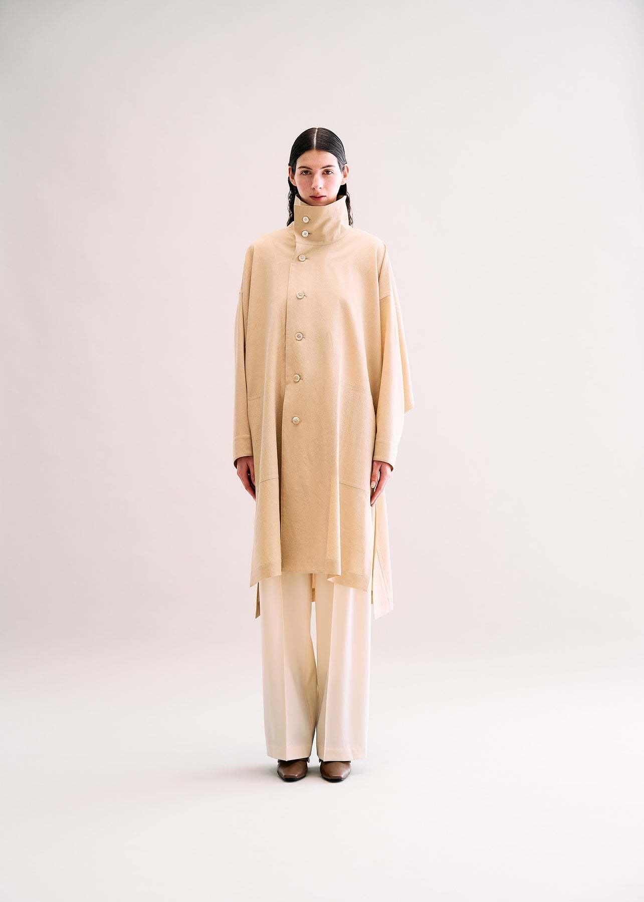 Issey Miyake Long-sleeved Wool Coat In Nude