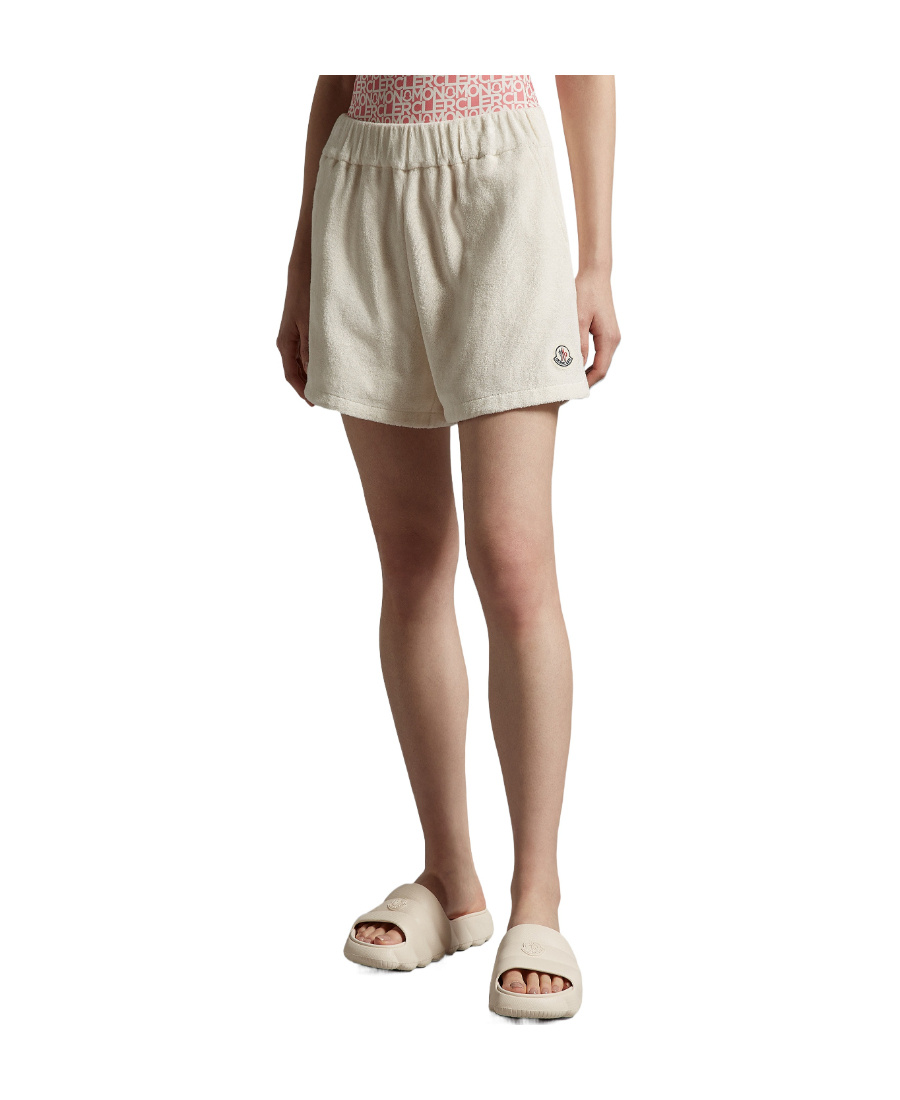 Moncler Logo-patch Velour Shorts In Nude