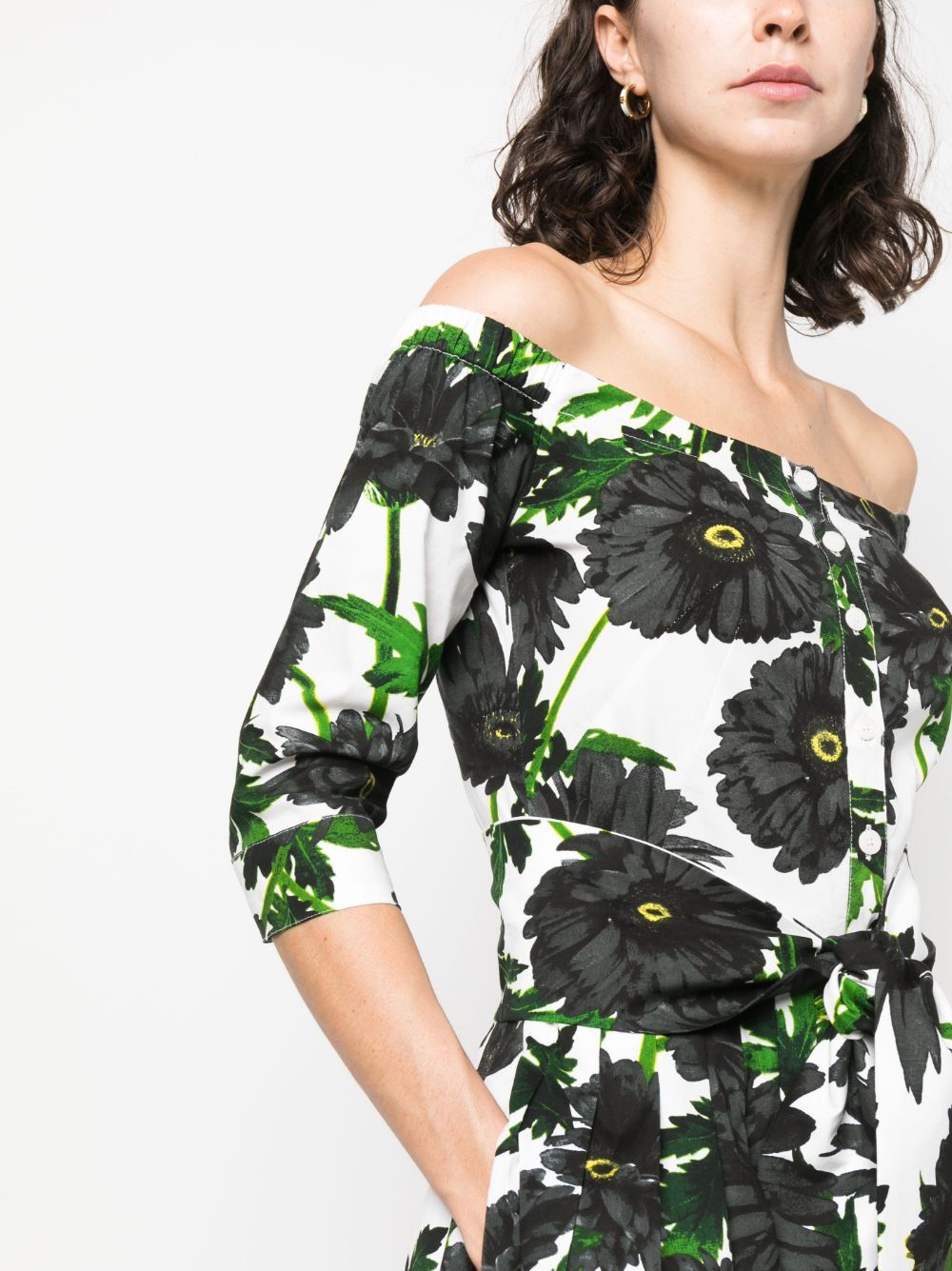 Samantha Sung Audrey Off Shoulder 3/4 Sleeves Long Dress With Anemon Naples All Over Printing In Black