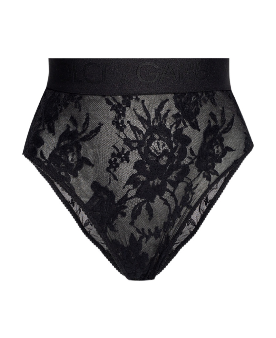 Dolce & Gabbana Floral-lace High-waist Briefs In Black
