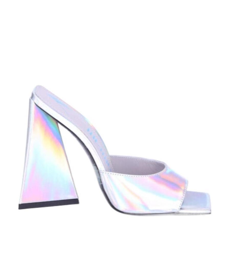 Attico Silver Devon Holographic Mules With Sculpted Heel In White