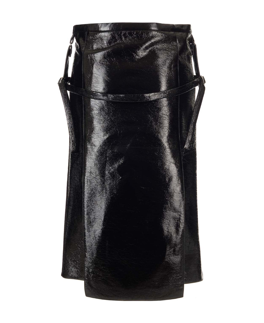 COURRÈGES STRAP-DETAILED CRINKLED-PATENT MIDI SKIRT 