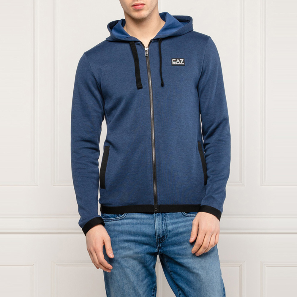 Ea7 Logo Hooded Casual Coat In Blue