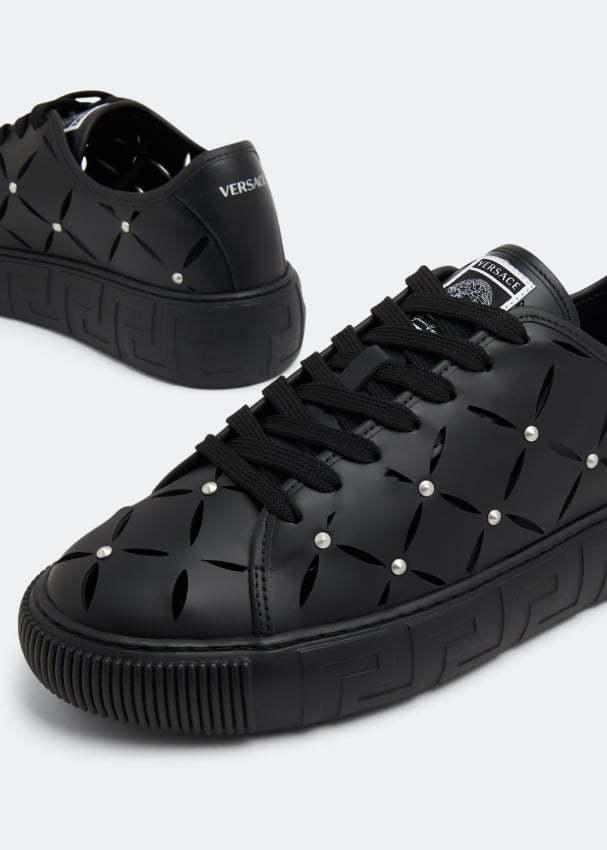 Versace Perforated Studded Sneakers In Black