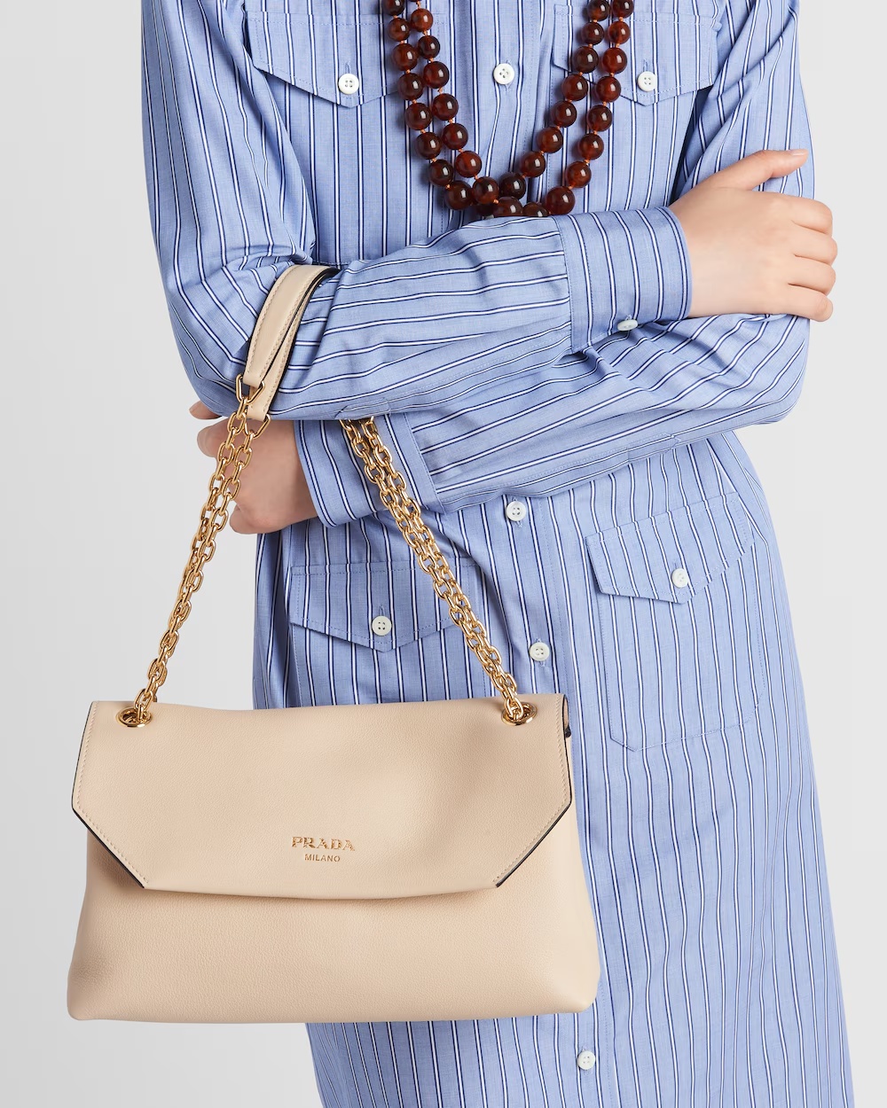 Prada Medium Leather Shoulder Bag In Travertine