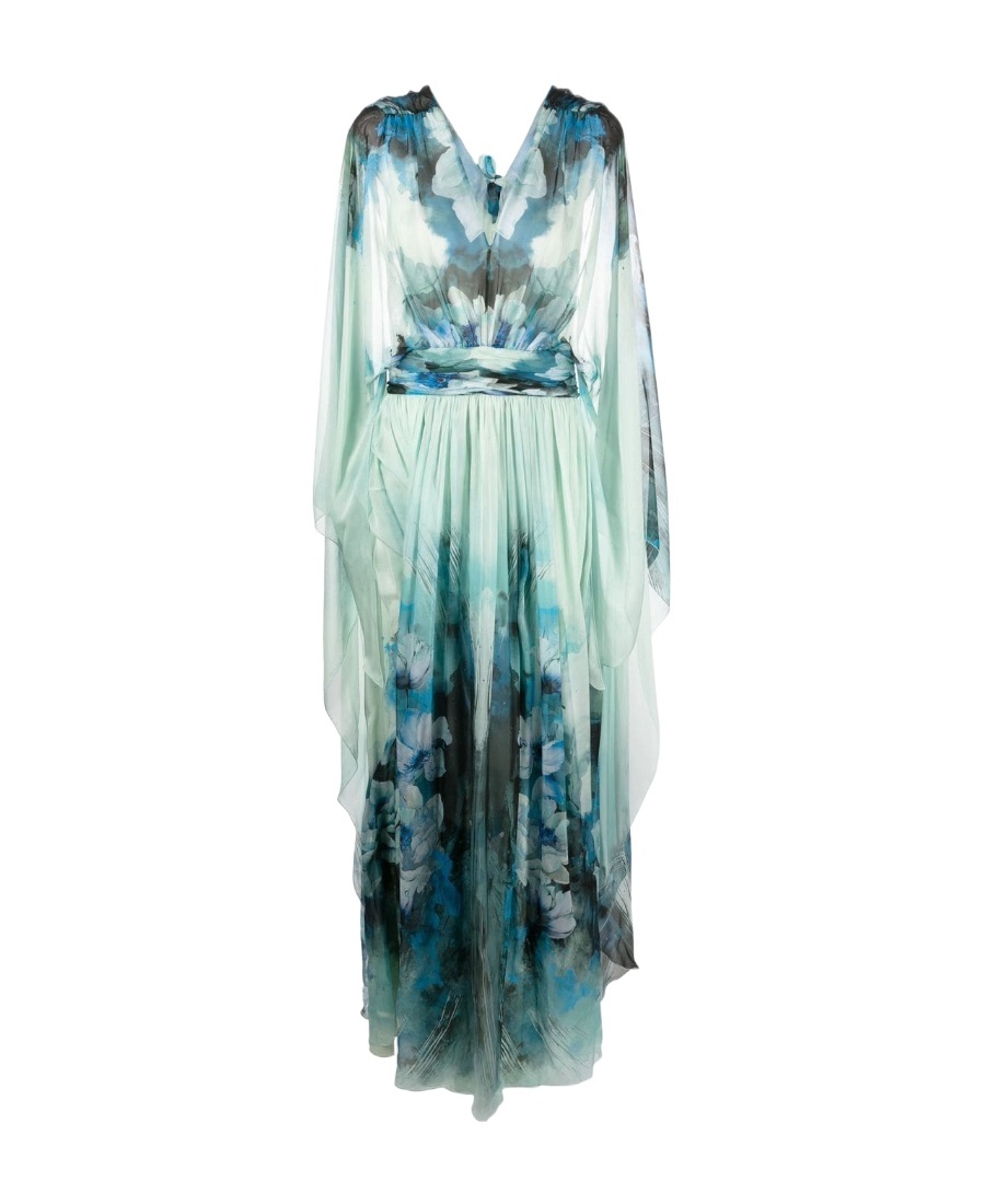 Alberta Ferretti Floral Silk V-neck Gown In Green