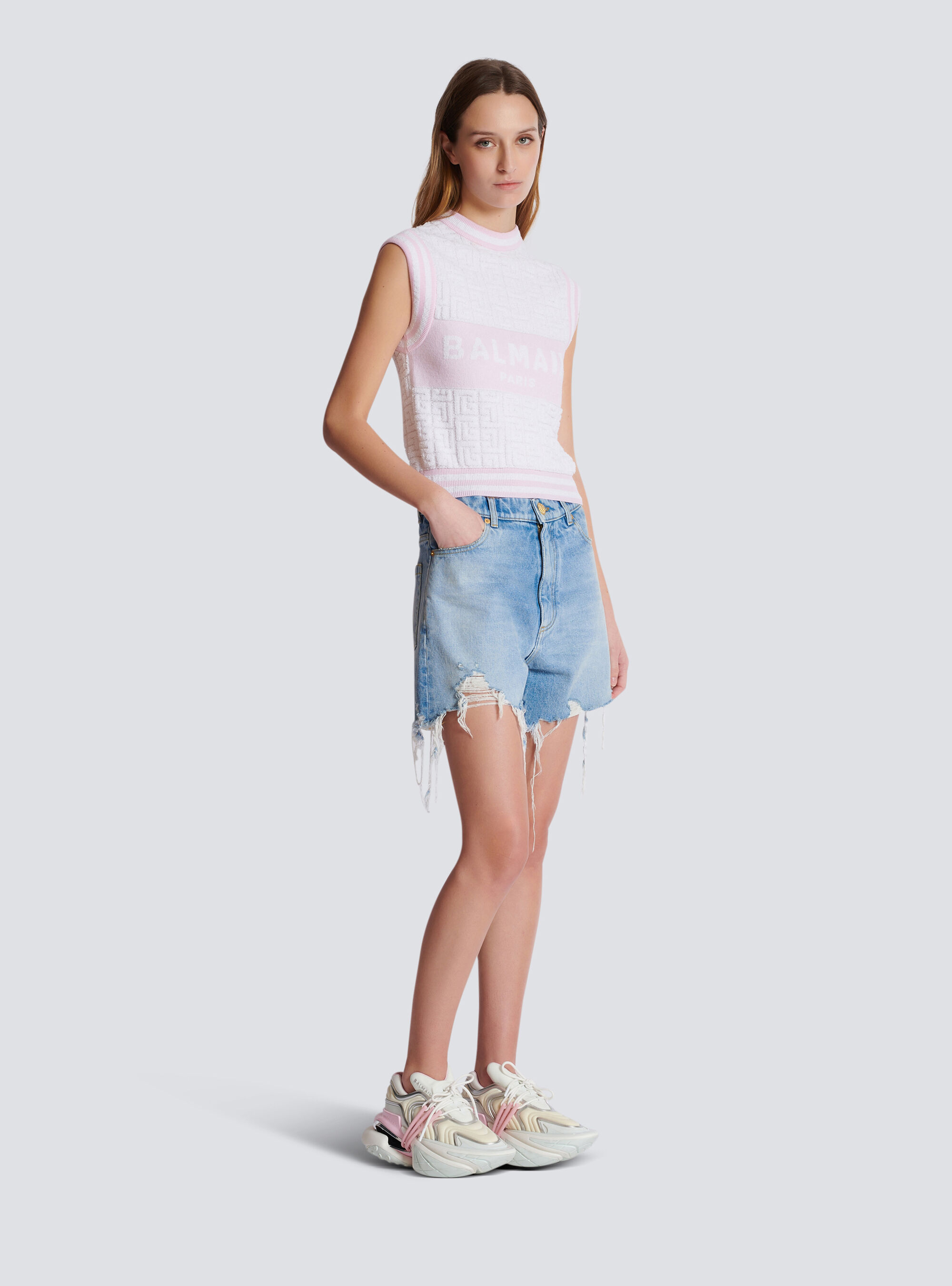 Balmain Monogram Wool And Cotton-blend Knitted Top In White