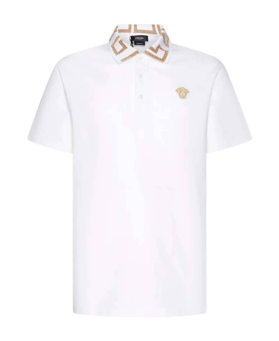 Versace Men Greca Polo Shirt With Short Sleeves In White