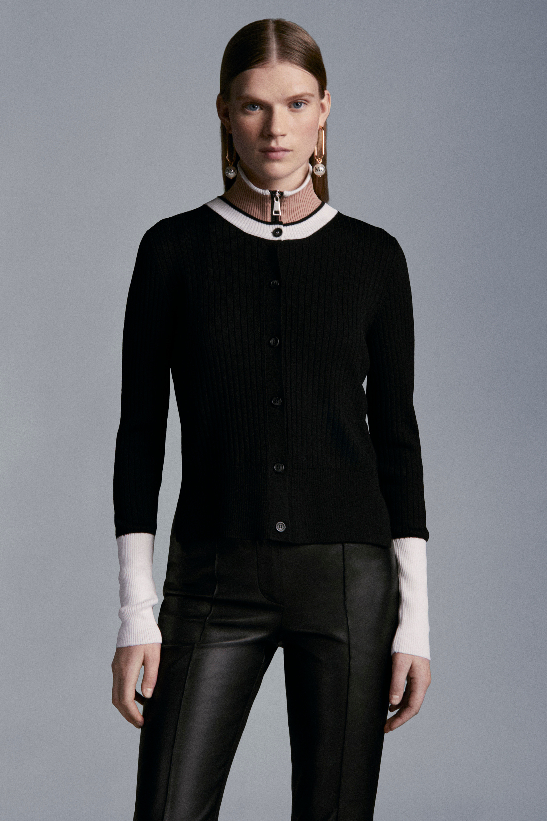 Moncler Two-tone Wool Cardigan In Black