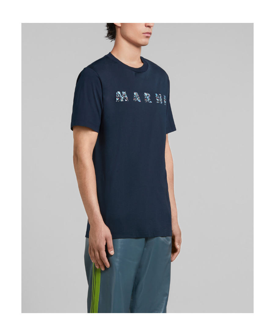Marni Floral Logo Print Cotton Jersey T-shirt In Blue