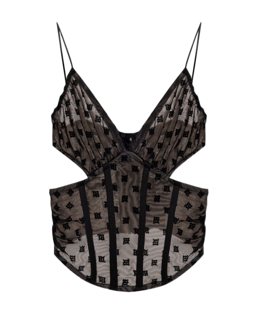 Misbhv Black Monogram Mesh Corset Top In Black