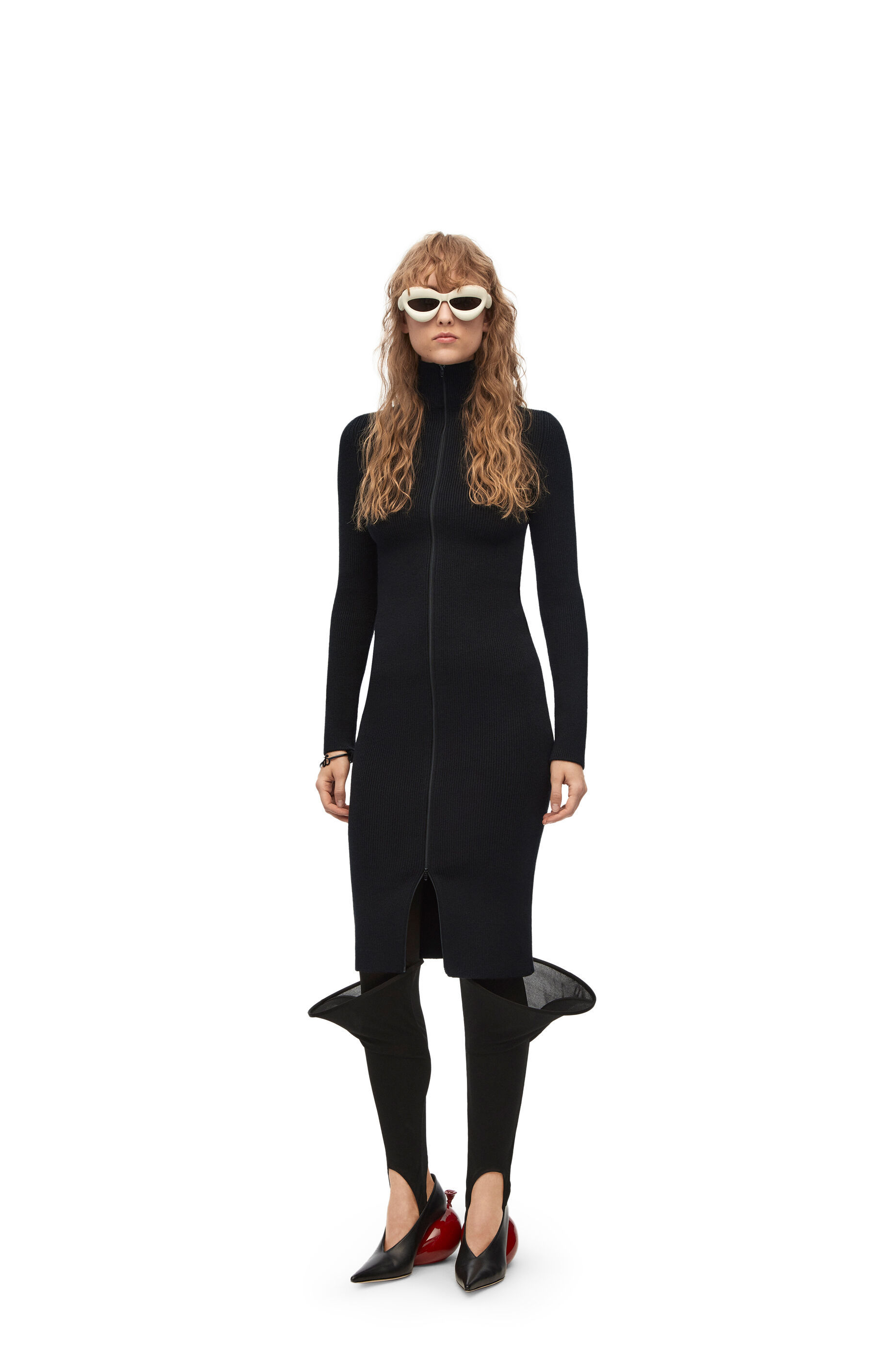 Loewe Zip Up Midi Dress In Wool In Black