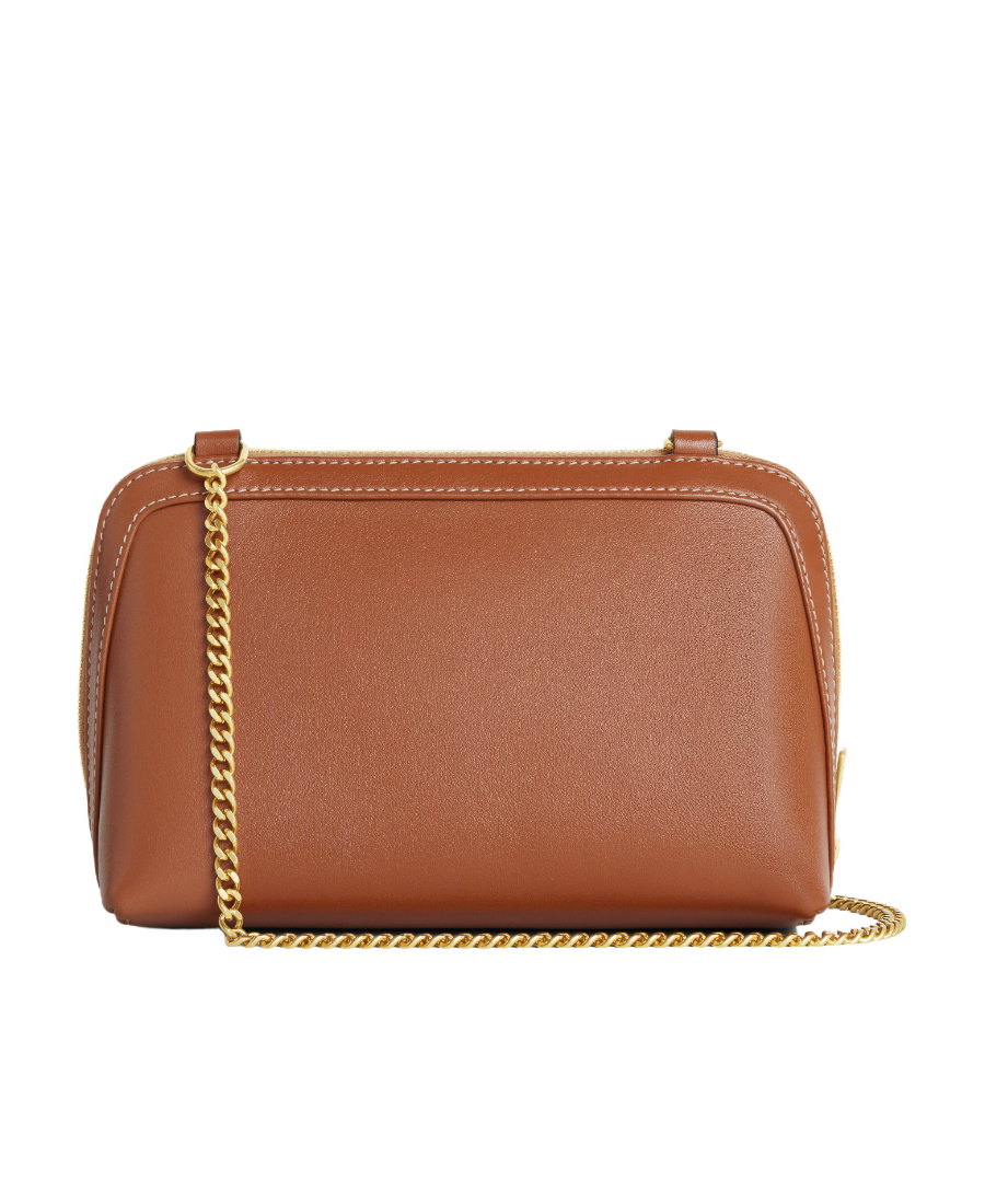 Celine Triomphe Leather Clutch On Chain In Brown