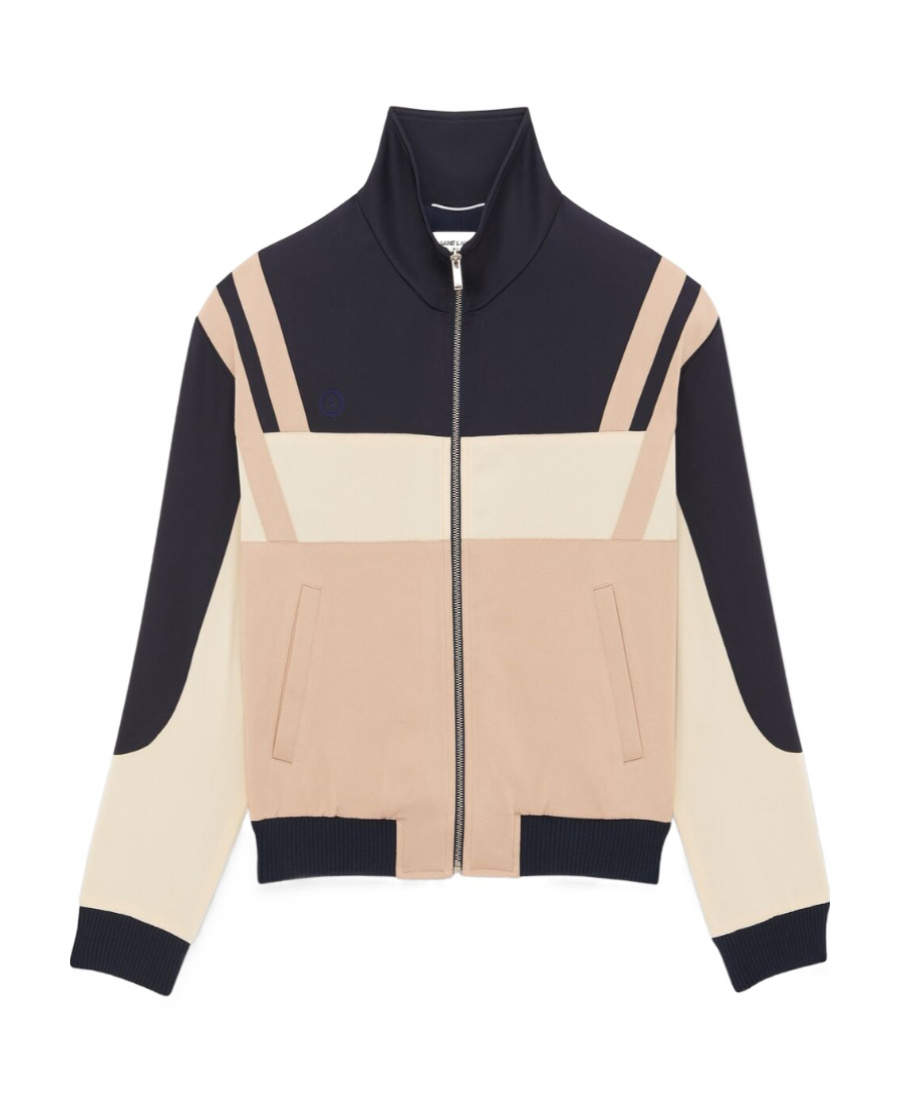 Saint Laurent Panelled Logo Satin Bomber Jacket In Nude
