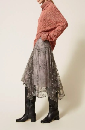 Twinset Lace Asymmetric Midi Skirt In Gray