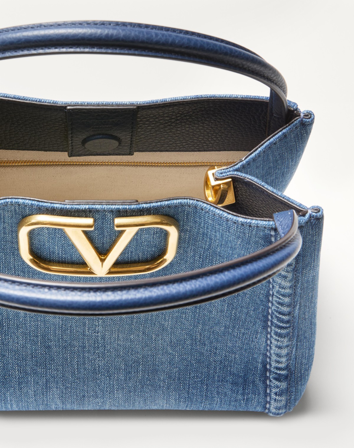 Shop Valentino Garavani Alltime Medium Handbag In Denim With Embroidered Strap In Blue
