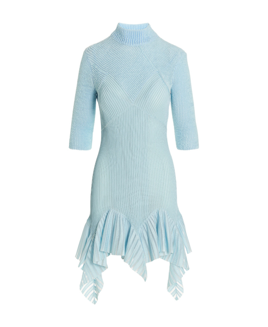 Givenchy Ribbed Ruffle Hem Turtleneck Minidress In Blue