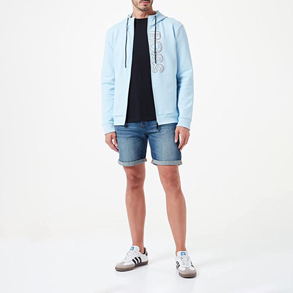 Shop Hugo Boss Logo Embroidered Zipper With Hat Casual Coat In Blue