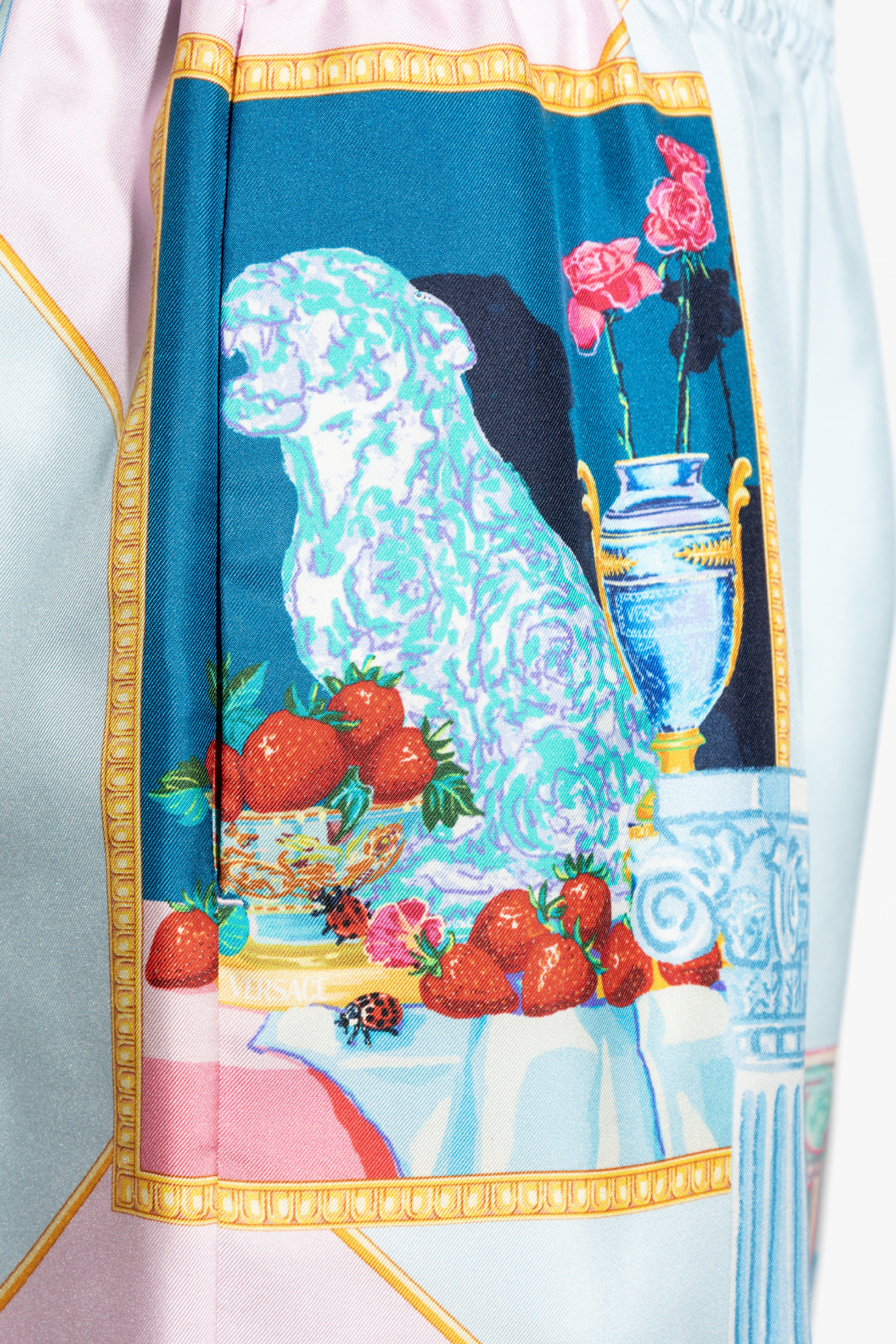 Versace Silk Twill Shorts With Vibrant Classical Motifs In Blue