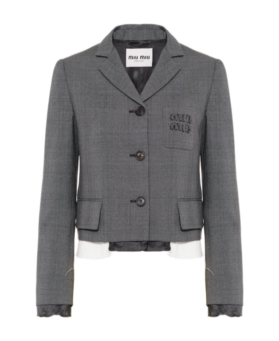Miu Miu Logo-embroidered Prince Of Wales Check Crop Blazer In Gray