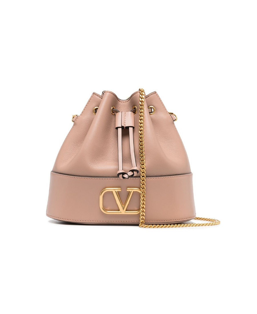 Shop Valentino Mini Bucket Bag In Nappa With Vlogo Signature Chain In Nude