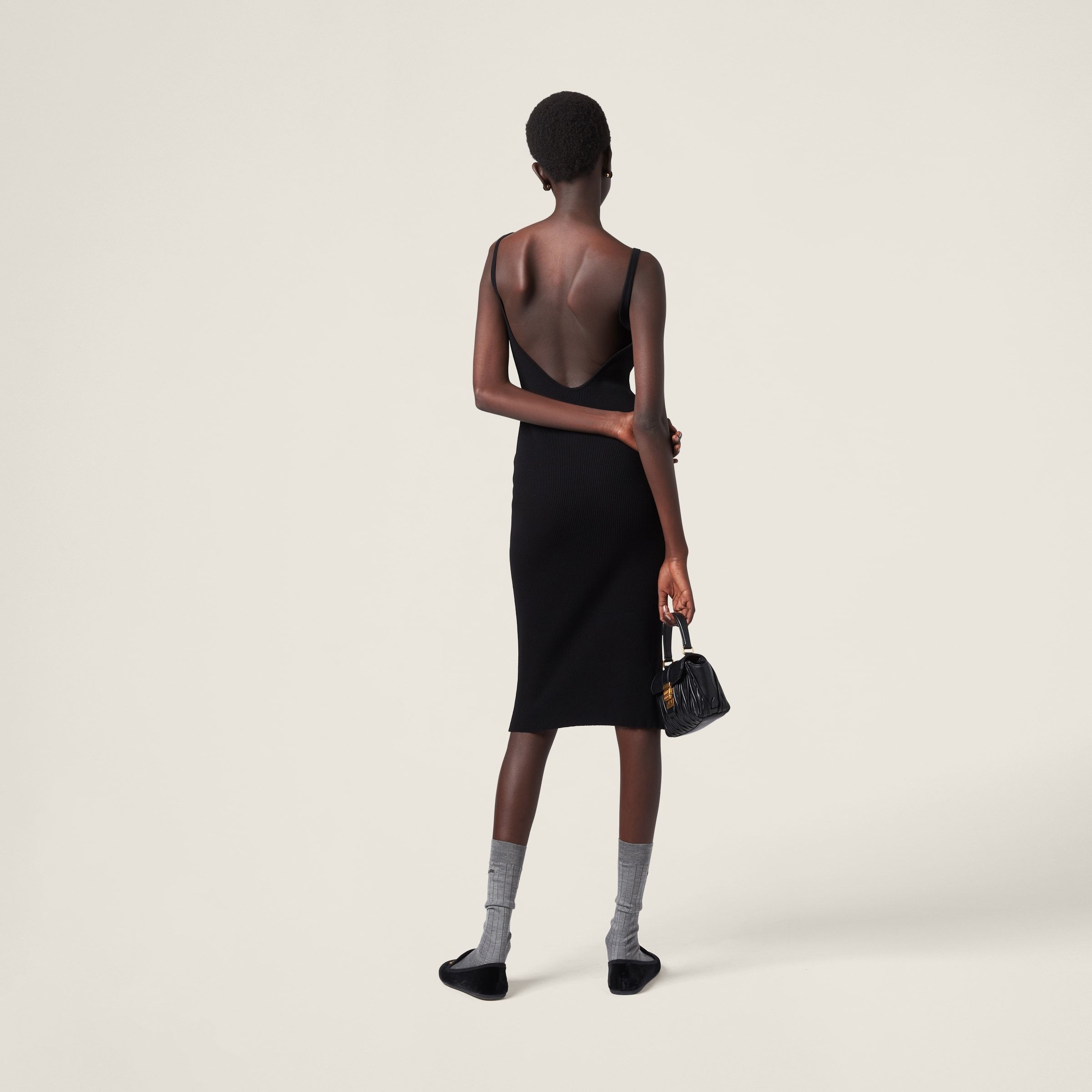 Miu Miu Ribbed Backless Metal Logo Midi Dress In Black