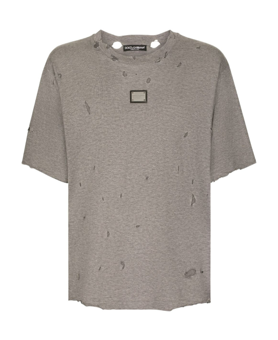 Dolce & Gabbana Distressed Logo-plaque T-shirt In Gray