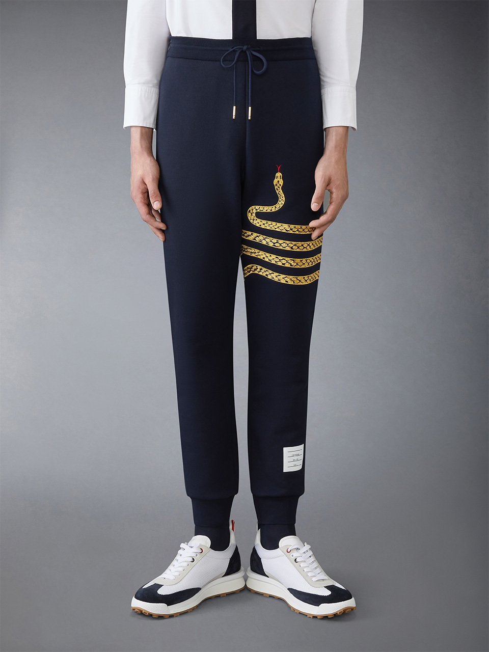 Thom Browne Snake-embroidery Cotton Track Pants In Blue