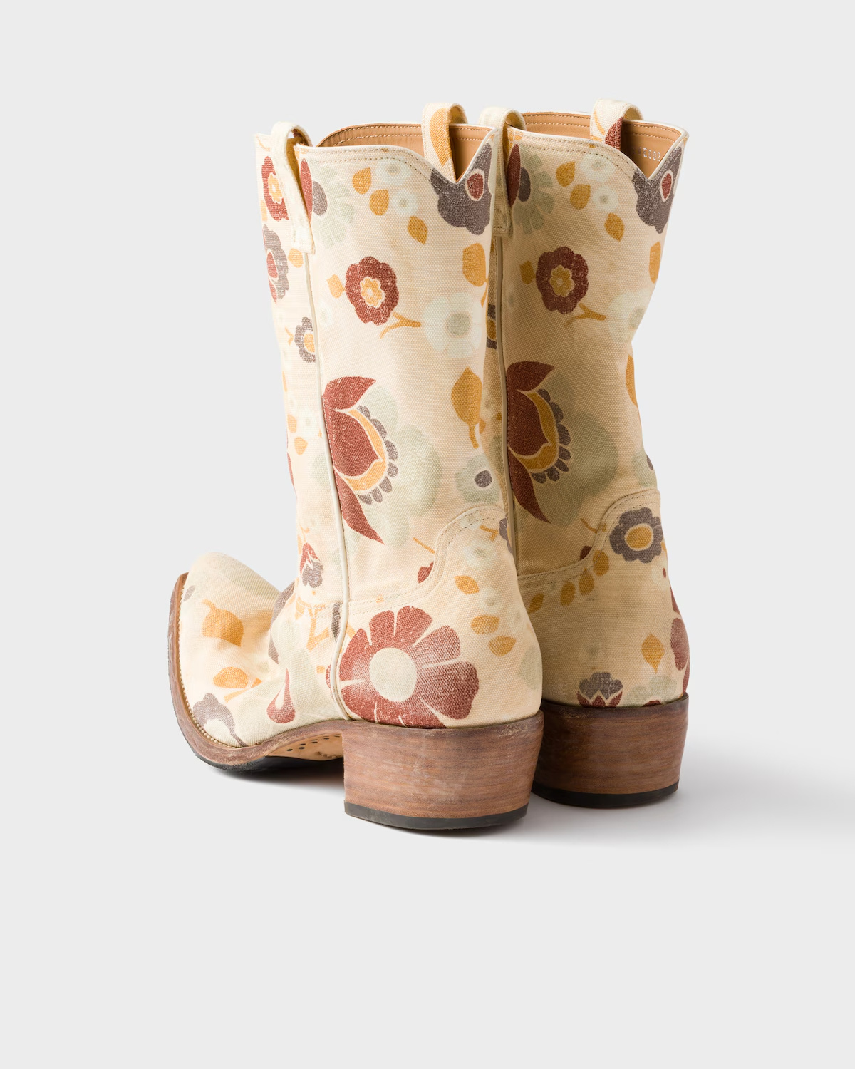 Prada Floral Block Heel Mid-calf Canvas Boots In Multi