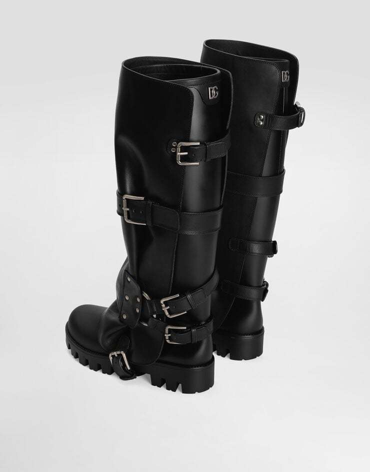 Dolce & Gabbana Black Ankle Boots With Adjustable Buckle Straps And Logo Plaque On The Back In Leather Woman In Black