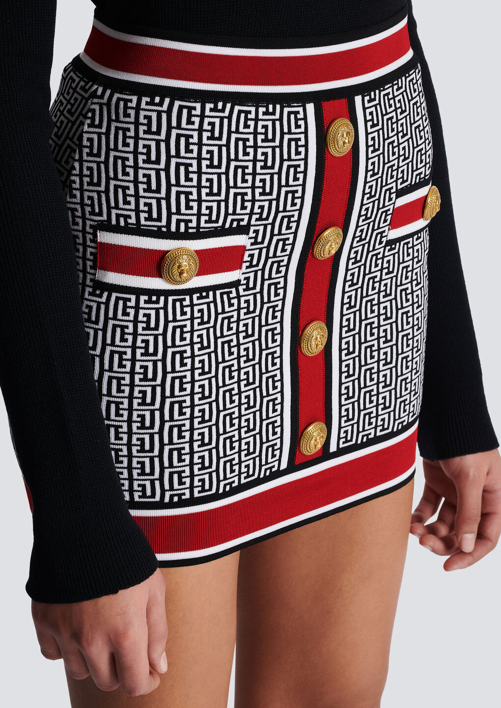 Balmain Multicolor Buttoned Monogram Knit Mini Skirt In Black