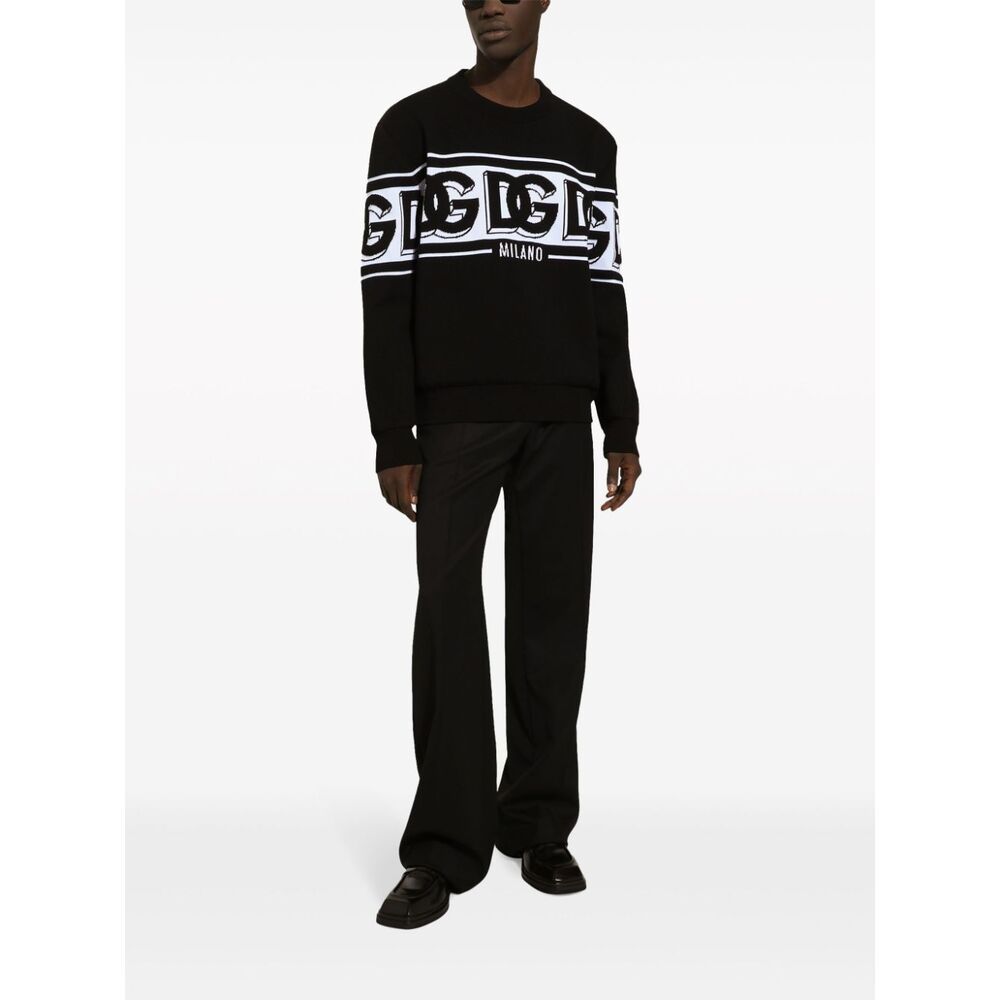 Dolce & Gabbana Black Crewneck Sweater With Dg Motif In Wool Blend Man In Black