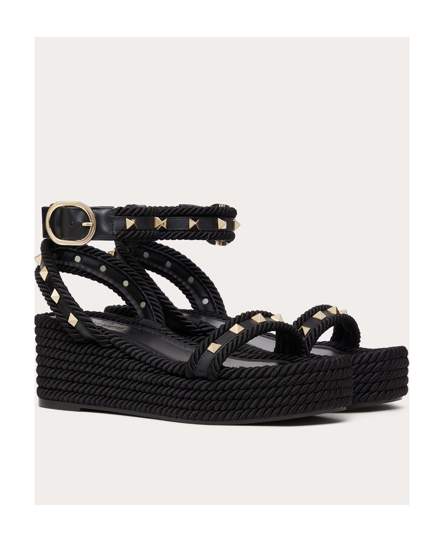 Valentino Rockstud Torchon 60 Leather And Silk Rope Platform Espadrilles In Black