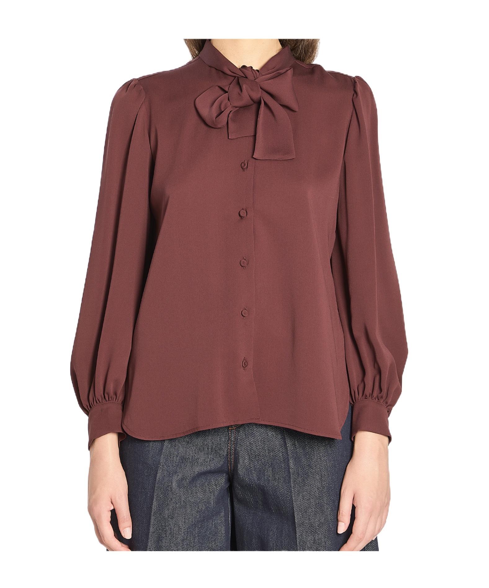 Max Mara Melania Silk Shirt Bow Detail In Brown