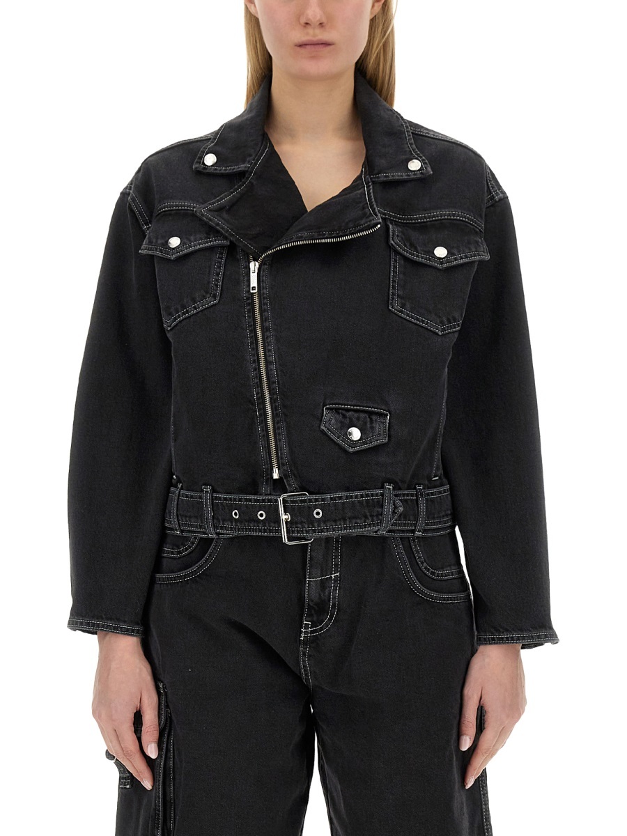 Moschino Belted Denim Biker Jacket In Black