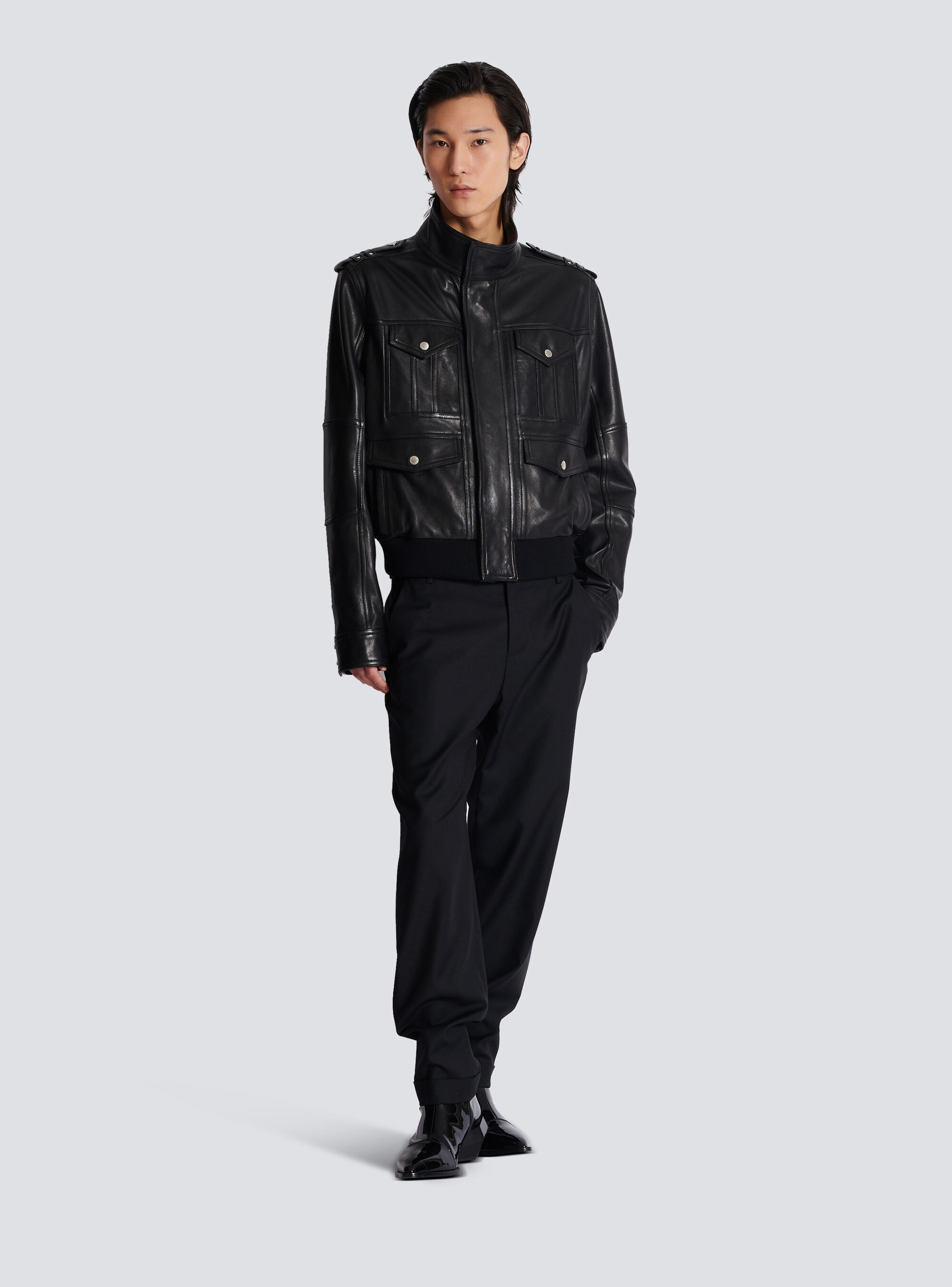 Balmain Lambskin Leather Jacket With 4 Pockets In Black