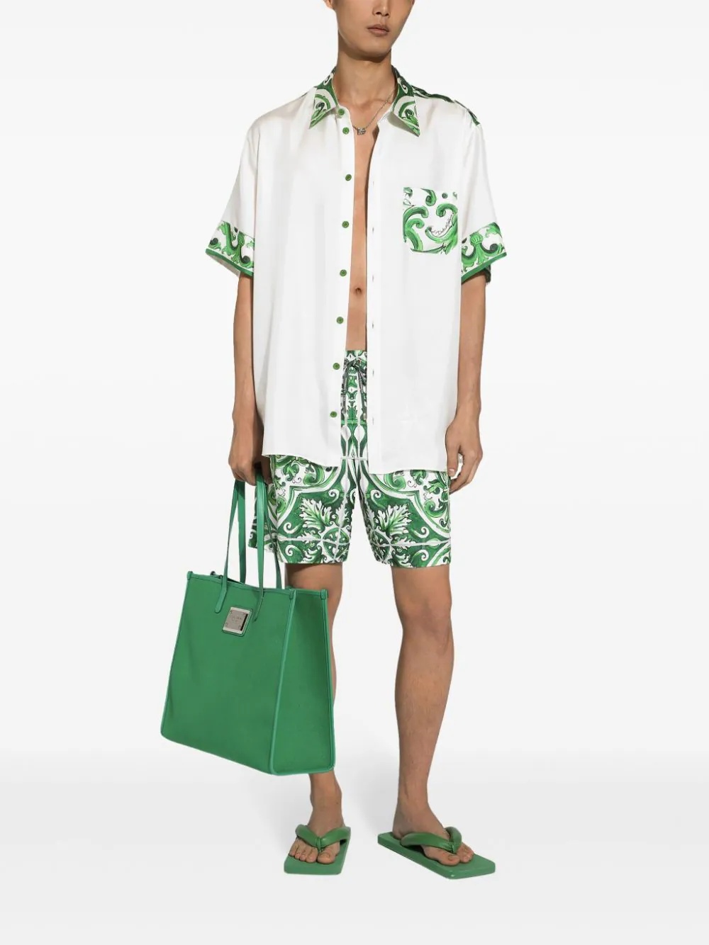 Shop Dolce & Gabbana Majolica-print Drawstring Swim Shorts In Green