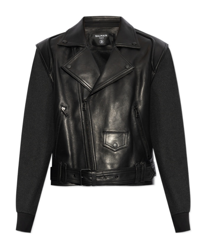 Balmain Belted Leather Jacket In Black