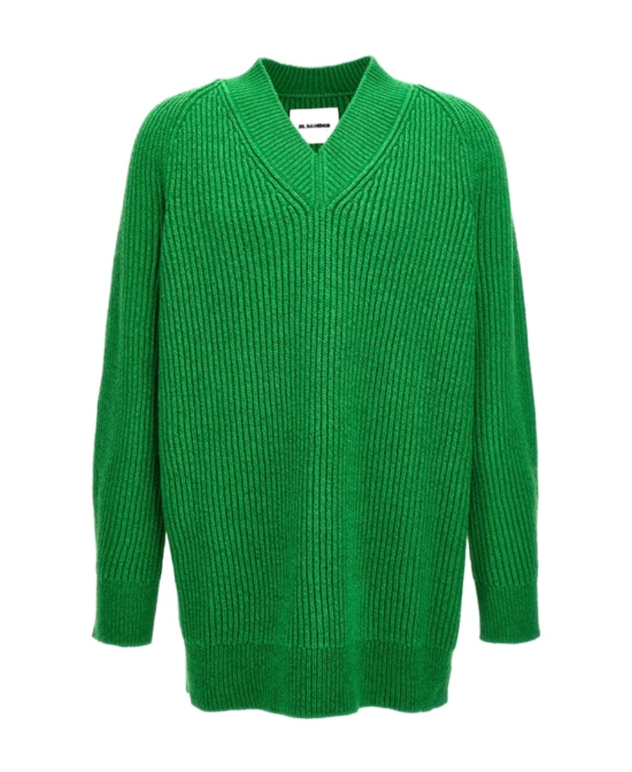Jil Sander Oversized V Neck Ribbed Knit Sweater In Green