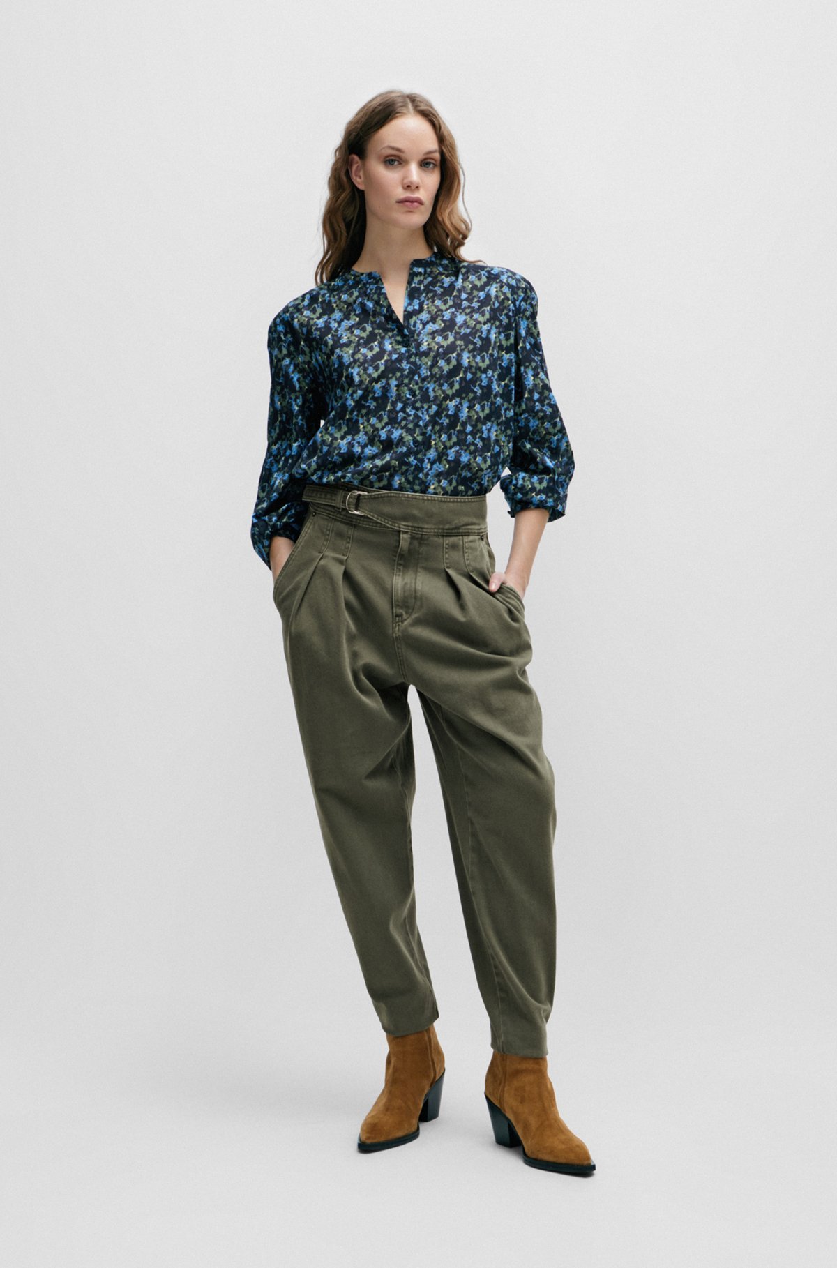 Hugo Boss Pleated Tapered Cotton Trousers In Green