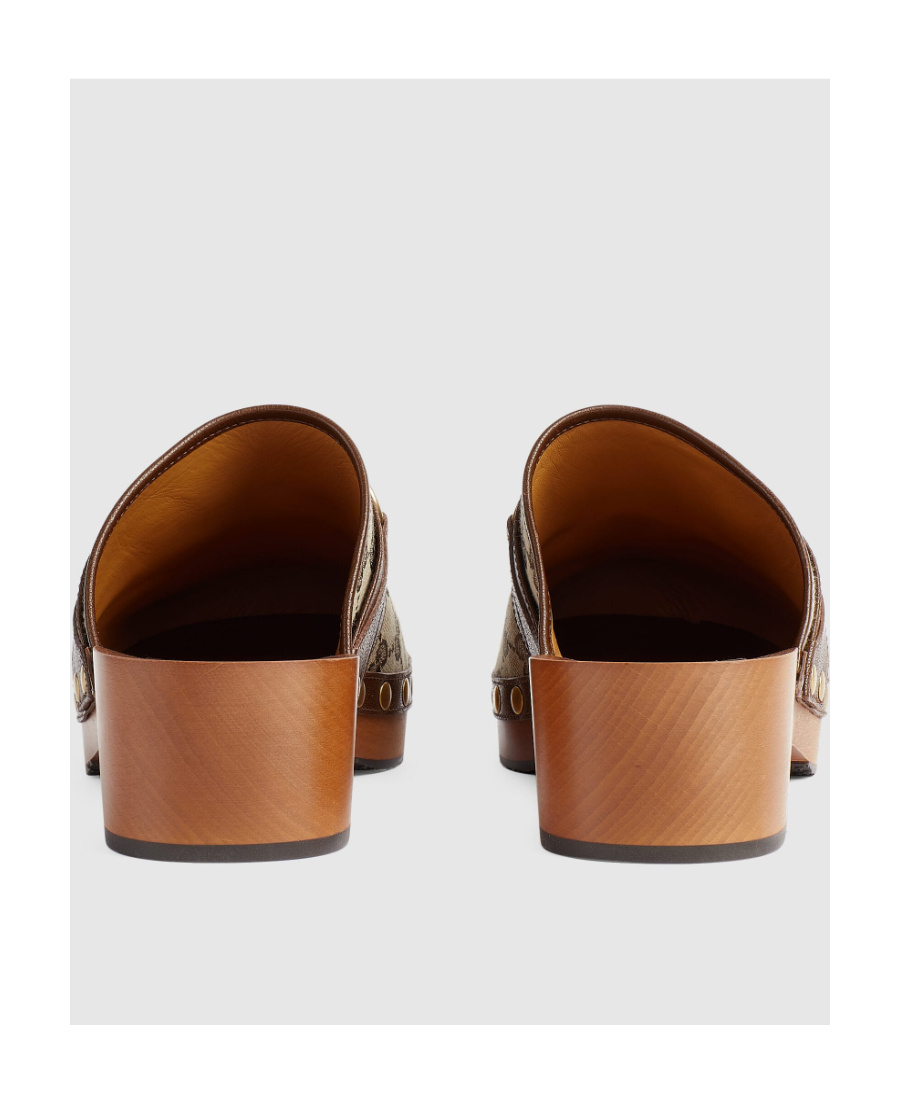 Gucci Horsebit Leather-trimmed Monogrammed Canvas Clogs In Brown