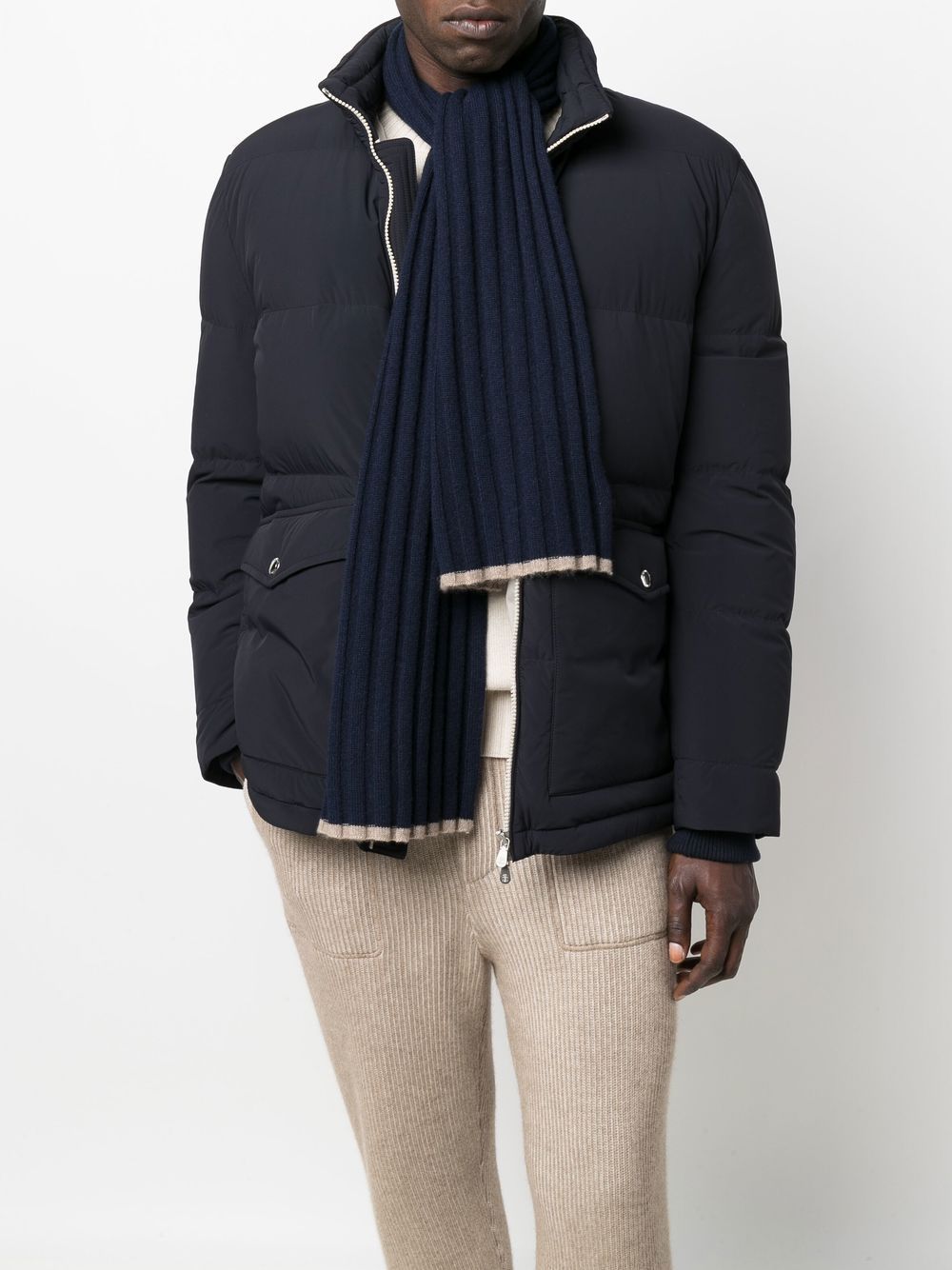 Brunello Cucinelli Ribbed Knit Cashmere Scarf With Two-tone Border In Black
