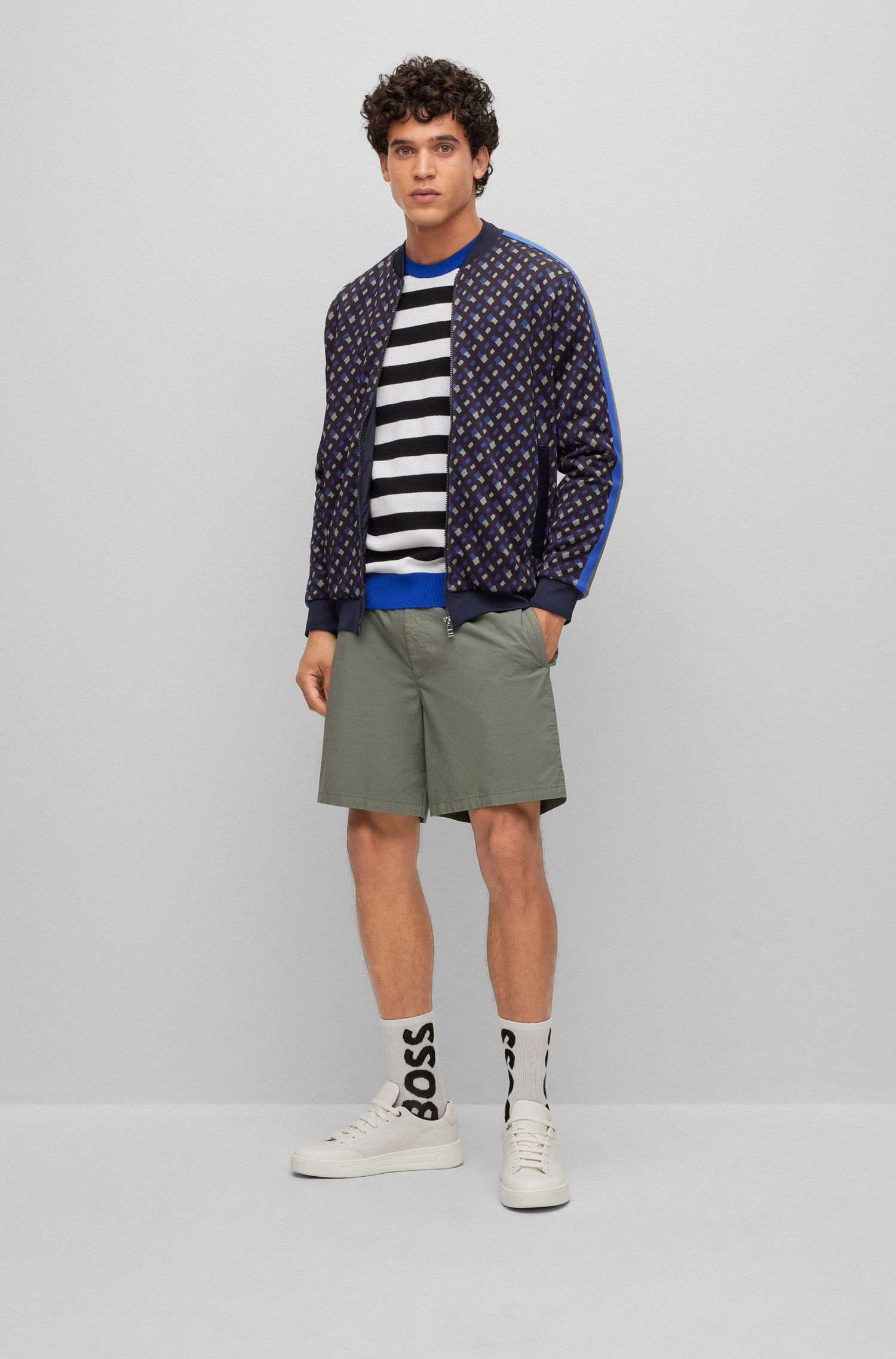 Hugo Boss Logo-patch Drawstring Cotton Shorts In Gray