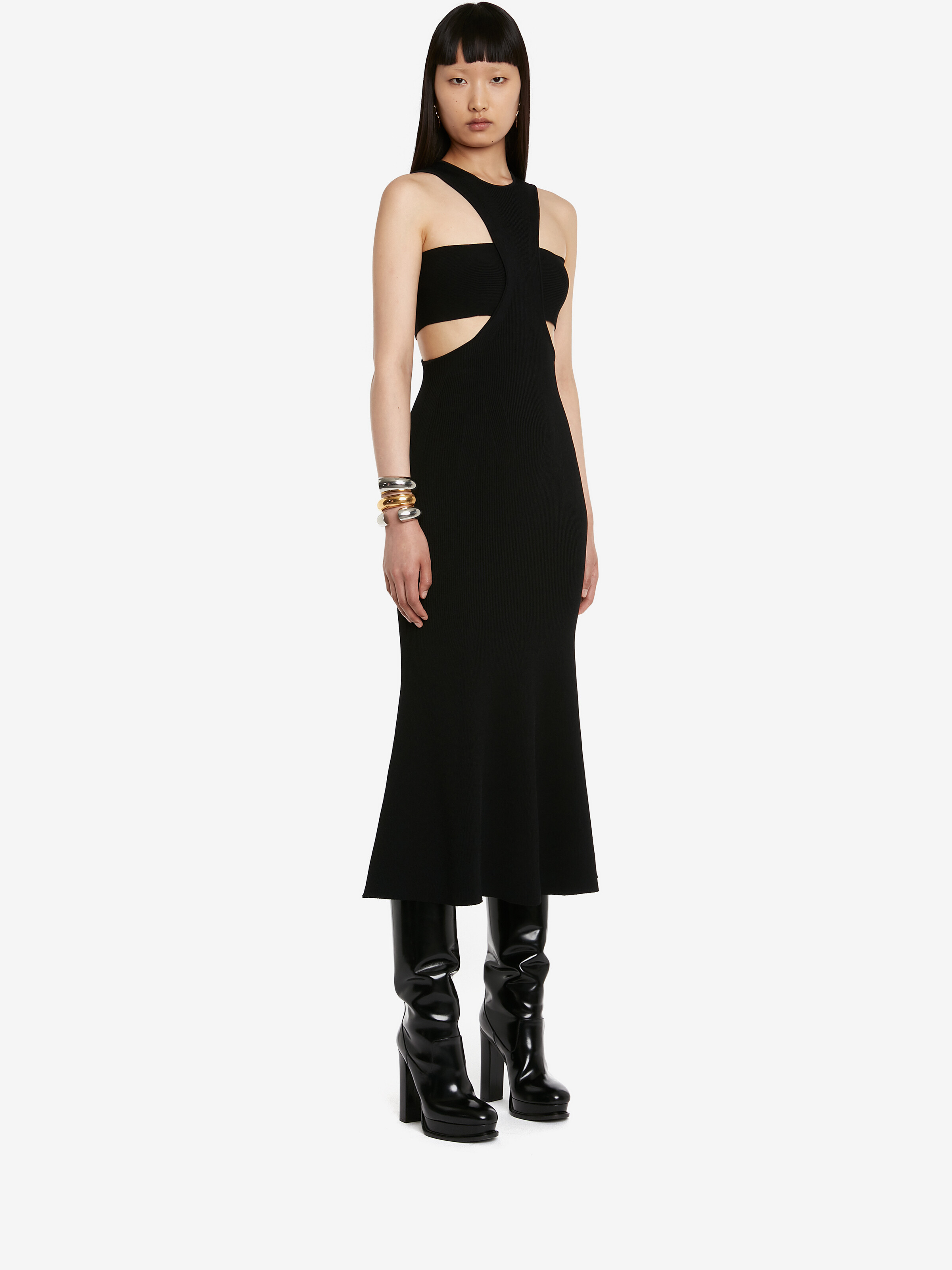 Alexander Mcqueen Black Slashed Harness Midi Dress In Black