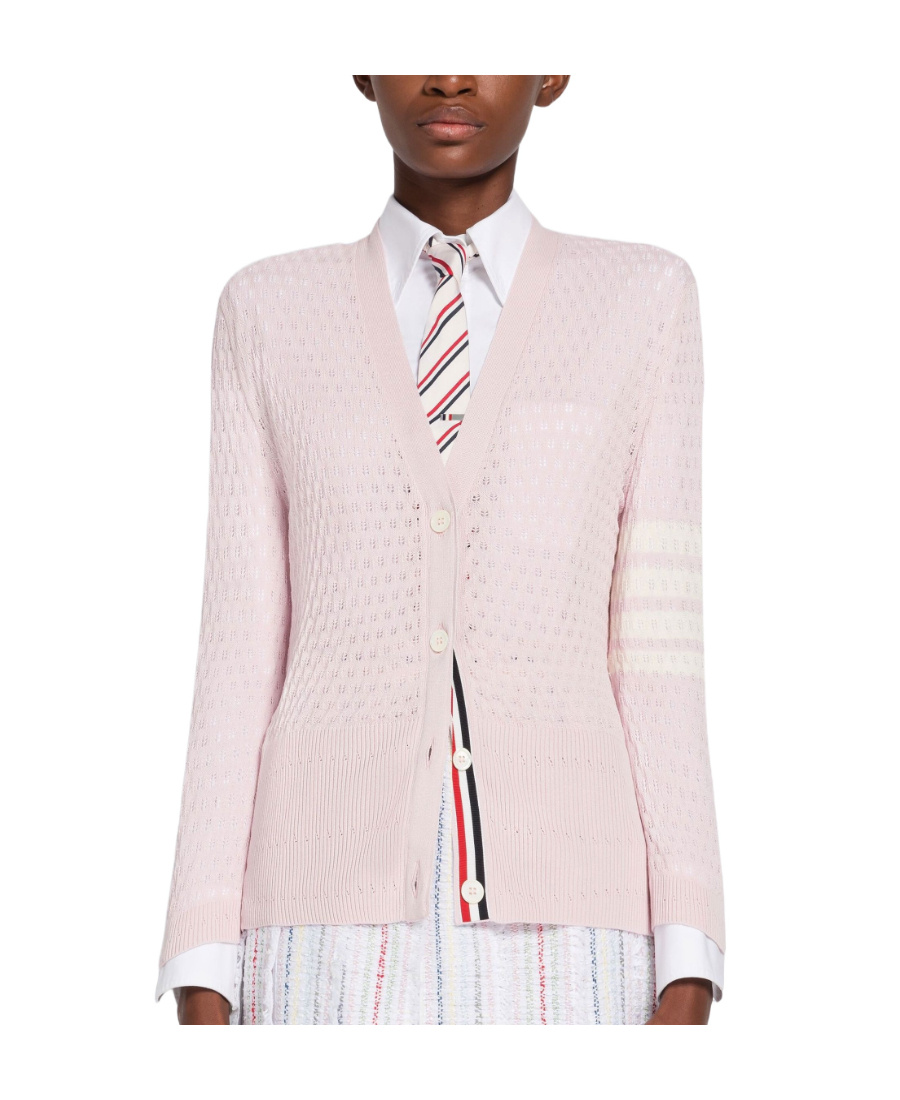 Thom Browne 4-bar Pointelle-stitch Cardigan In Pink
